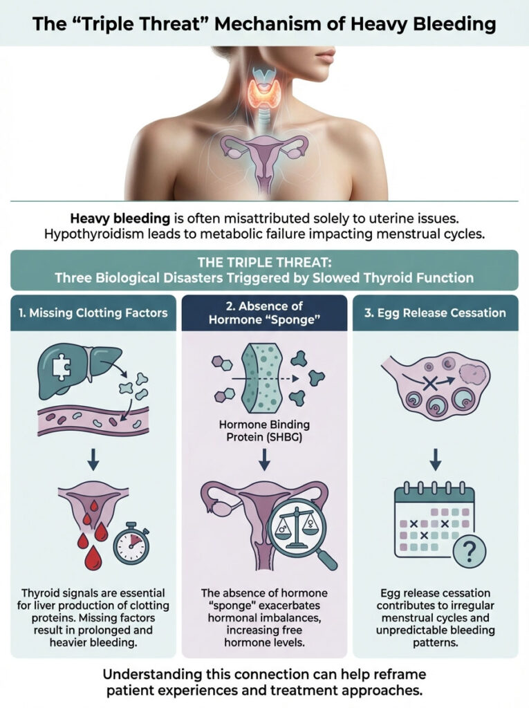 Infographic illustrating the "Triple Threat" mechanism of heavy bleeding related to thyroid function, with three key factors.