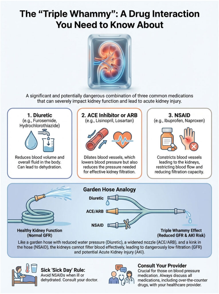 Infographic explaining the "Triple Whammy" drug interaction affecting kidney function with illustrations and key points.