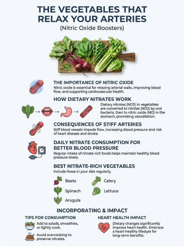 Infographic showing vegetables that relax arteries, highlighting nitric oxide importance and dietary nitrates.