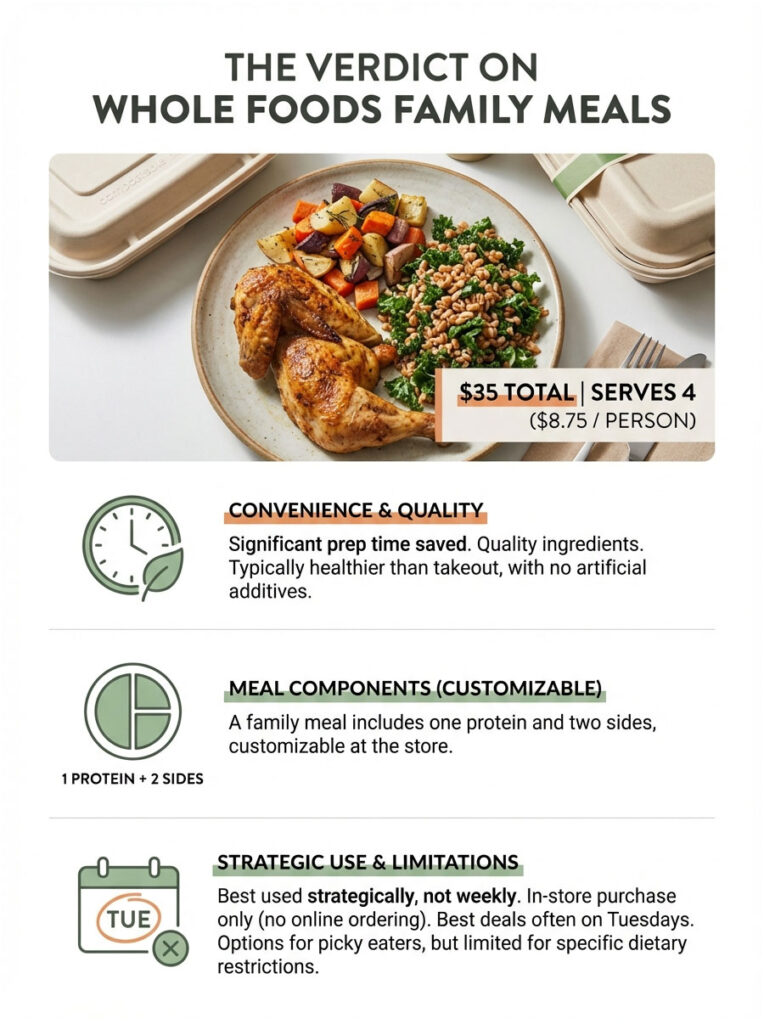 Infographic detailing Whole Foods family meals, featuring a rotisserie chicken, sides, and pricing information.