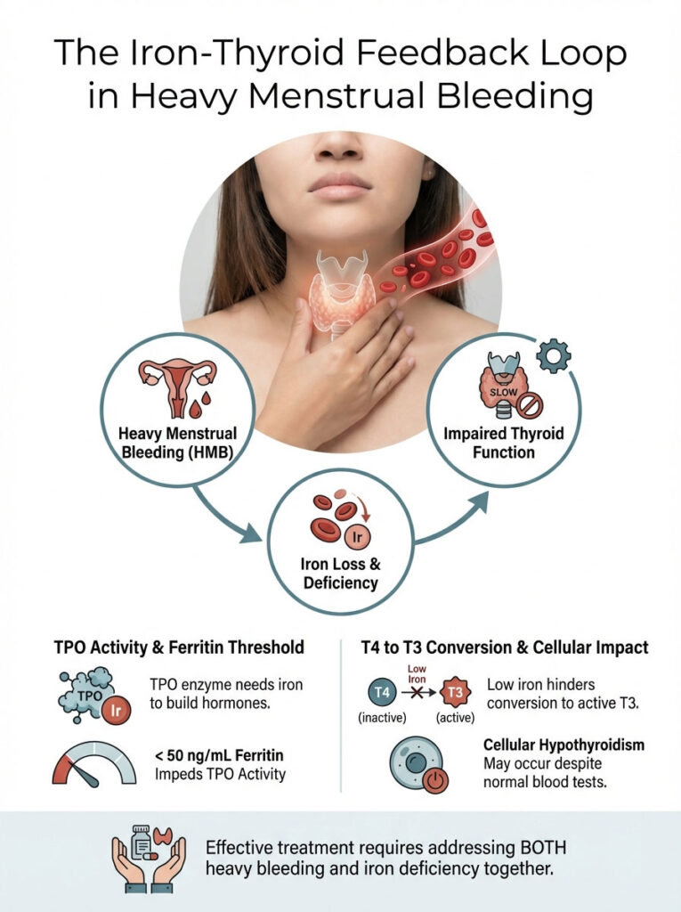 Infographic showing the iron-thyroid feedback loop in heavy menstrual bleeding with charts and icons.