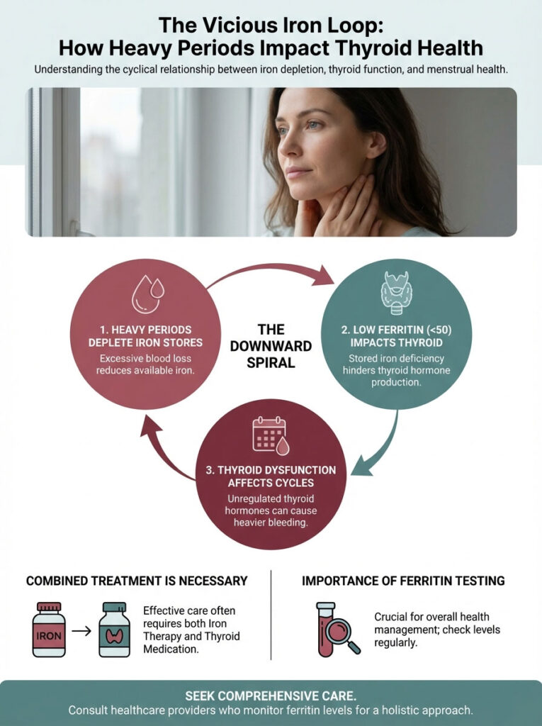 Infographic illustrating the relationship between heavy periods, iron depletion, and thyroid health with key points and icons.