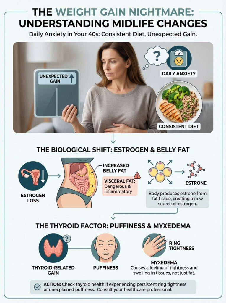 Woman looks concerned about unexpected weight gain; infographic explains midlife changes and diet impacts. Infographic.