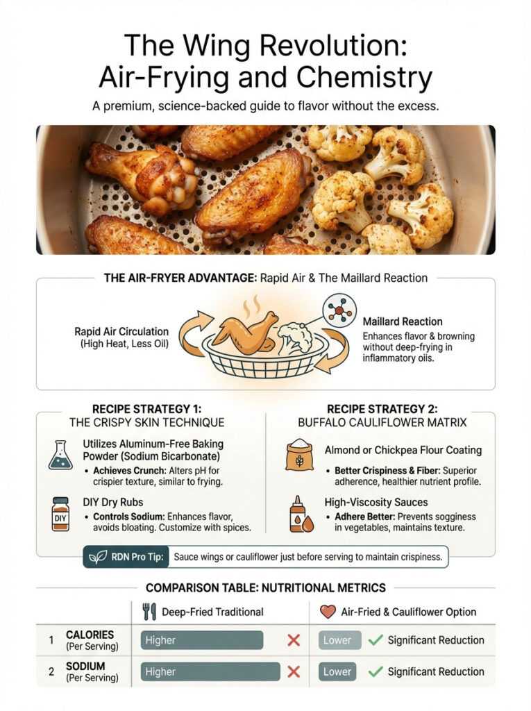Infographic showing air-frying benefits, crispy skin technique, buffalo cauliflower recipe, and nutritional comparison.