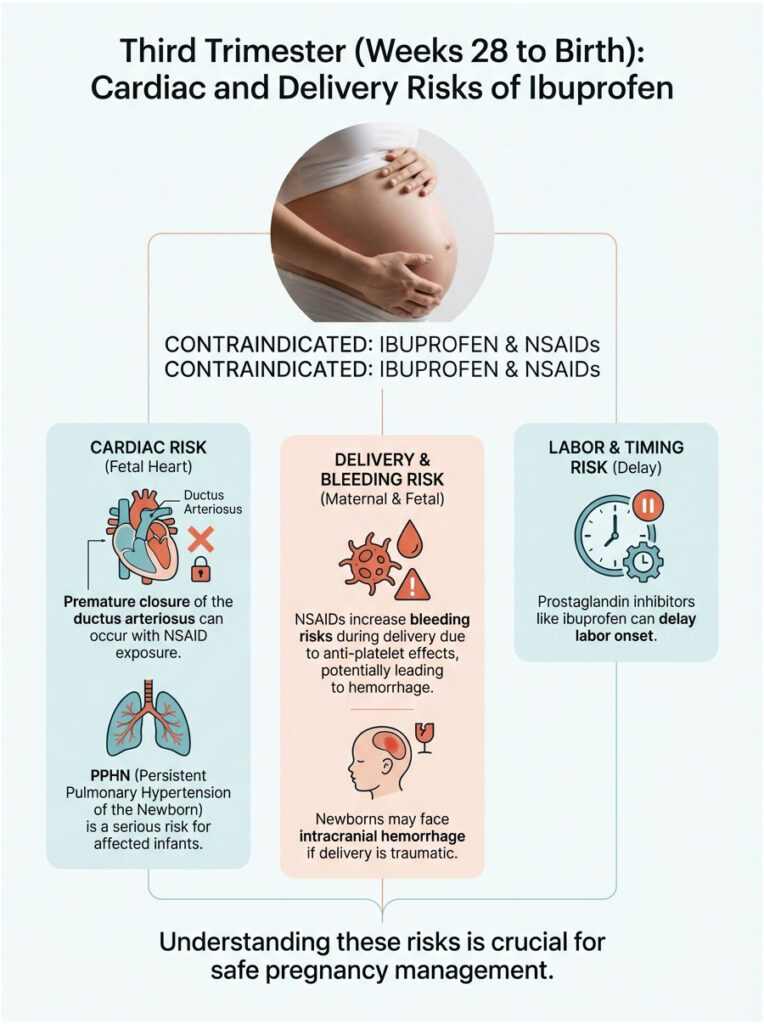 Infographic detailing cardiac and delivery risks of ibuprofen during third trimester pregnancy, with icons and text explanations.
