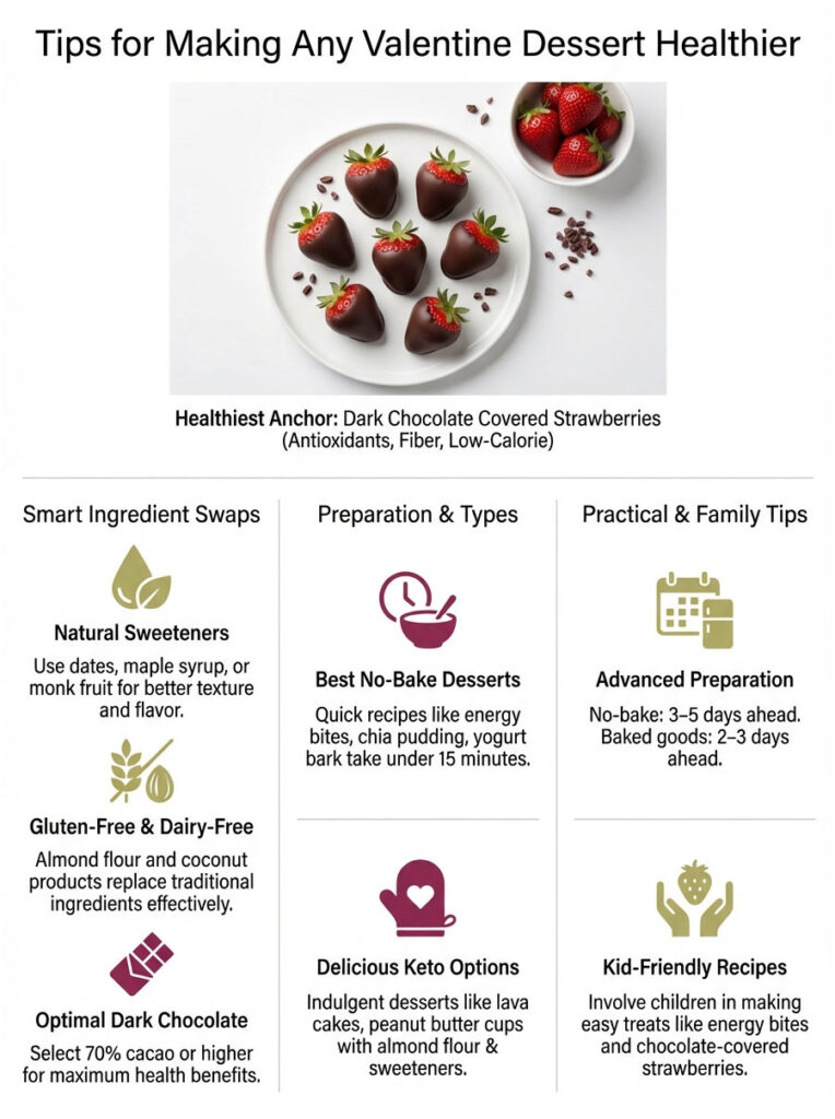 Infographic showing tips for healthier Valentine desserts, featuring dark chocolate strawberries and various ingredient swaps.