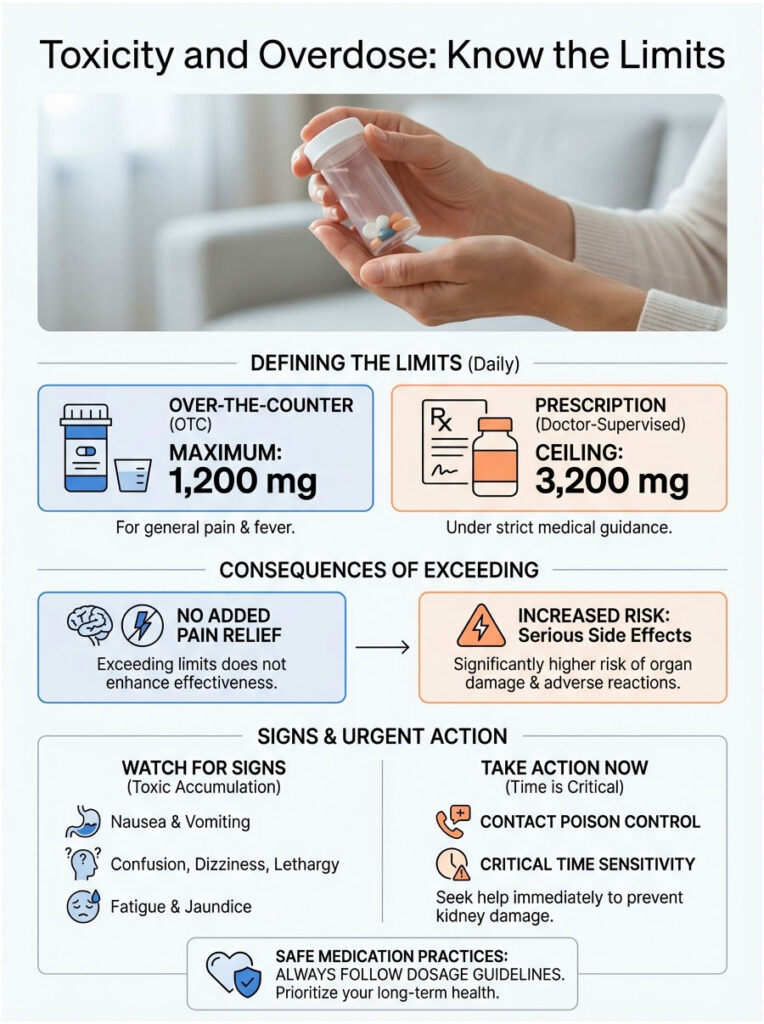 Infographic showing medication limits, overdose consequences, and urgent action signs with icons and statistics.