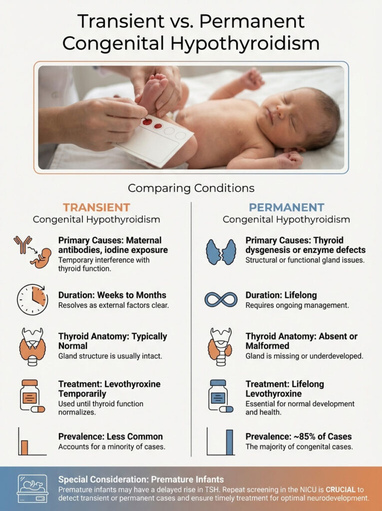 Infographic comparing transient and permanent congenital hypothyroidism with charts and key data points.