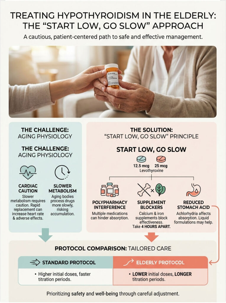 Infographic on treating hypothyroidism in the elderly, highlighting challenges and solutions with visuals and text.