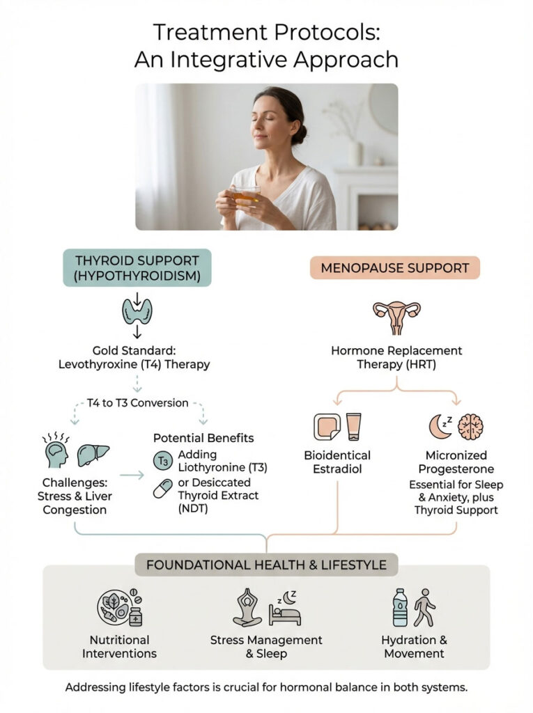 Infographic detailing treatment protocols for thyroid support and menopause support with visual elements and text.