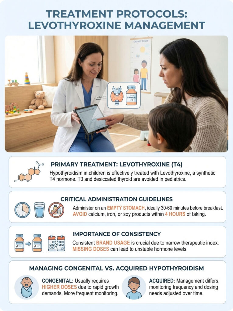 Infographic on Levothyroxine management for hypothyroidism in children, showing treatment protocols and guidelines.