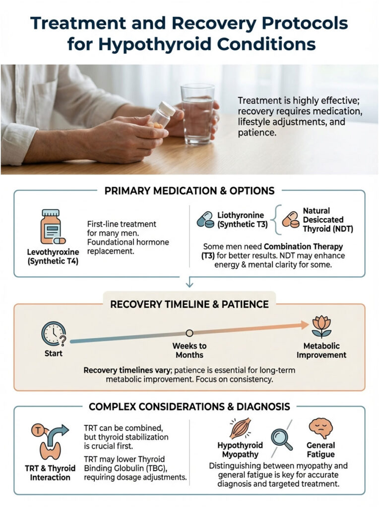 Infographic detailing treatment and recovery for hypothyroid conditions, including medications and timelines.