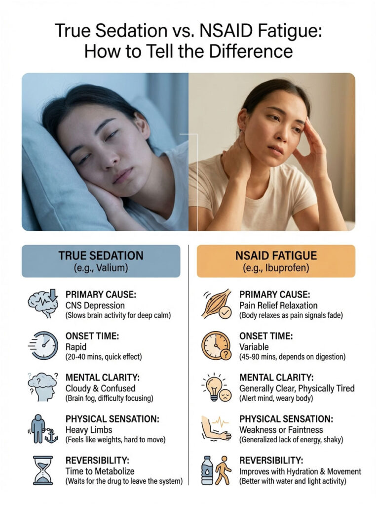 Infographic comparing true sedation and NSAID fatigue with causes, onset times, and effects illustrated.