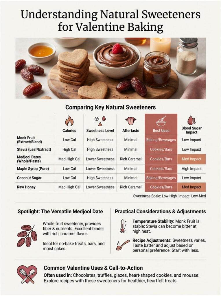 Infographic comparing natural sweeteners for Valentine baking, featuring charts and key data on sweetness levels and uses.