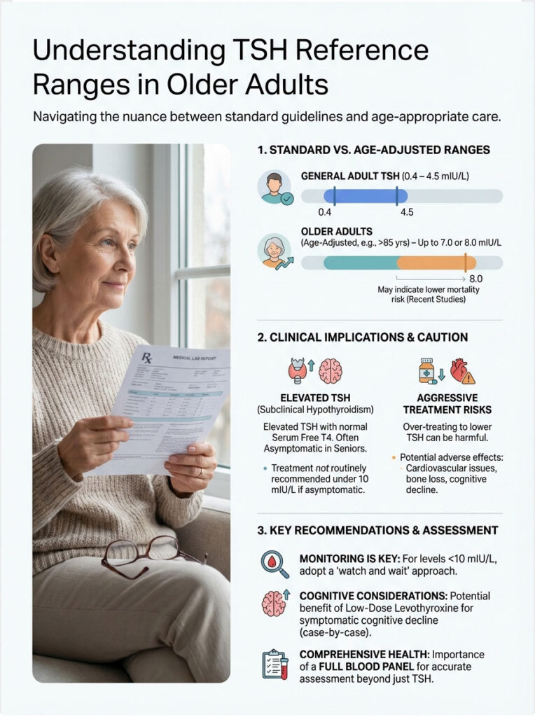 Infographic explaining TSH reference ranges for older adults, showing charts and key recommendations on thyroid health.