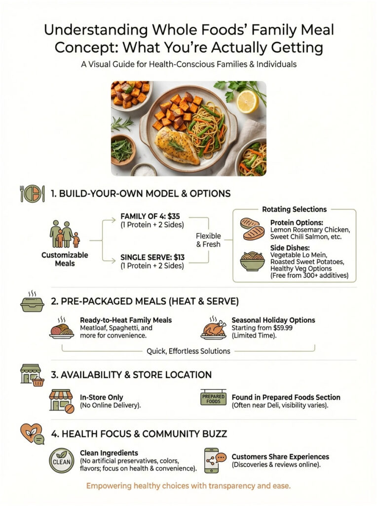 Infographic explaining Whole Foods' family meal options, including pricing and meal types like build-your-own and pre-packaged meals.