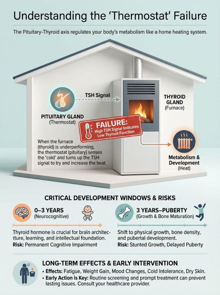 Infographic explaining the Pituitary-Thyroid axis, TSH signal, and thyroid function with charts on development risks.