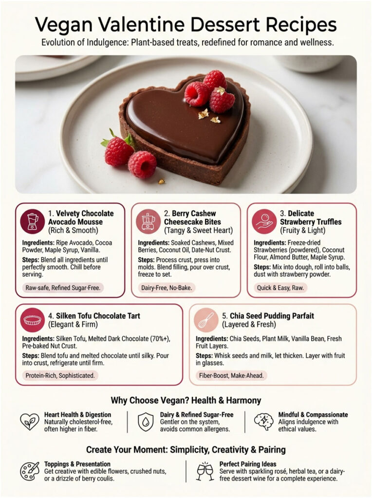 Infographic displaying five vegan dessert recipes for Valentine's Day with ingredients and preparation steps.