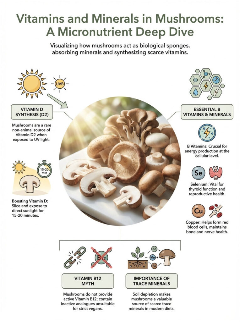 Infographic showing vitamins and minerals in mushrooms, including Vitamin D synthesis and essential nutrients.