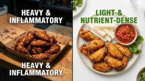 A split image shows fried chicken wings in a box and on a plate with salsa and vegetables.