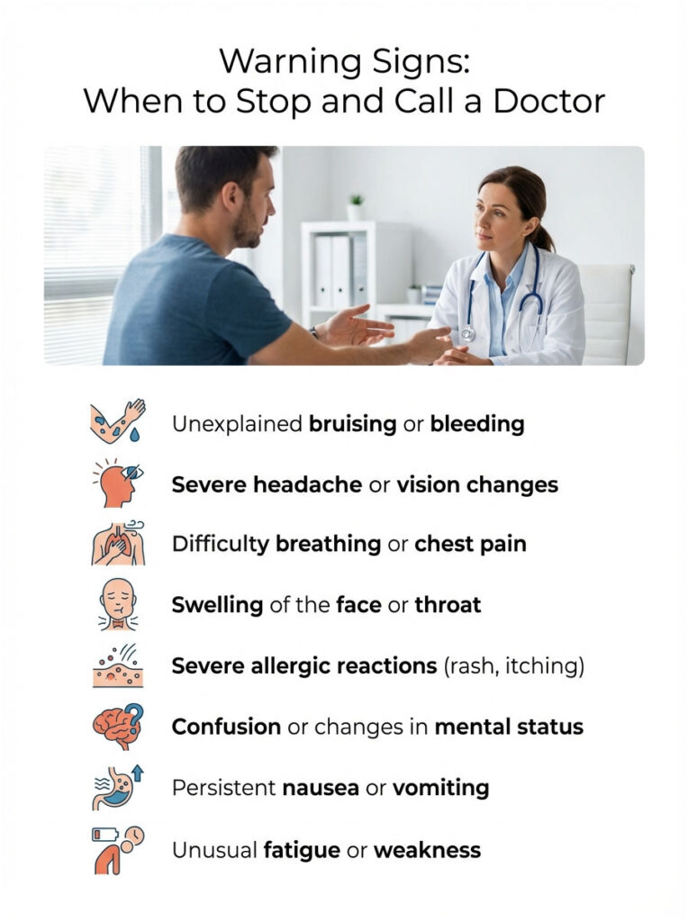 Infographic showing warning signs to call a doctor, including bruising, headache, and breathing issues.