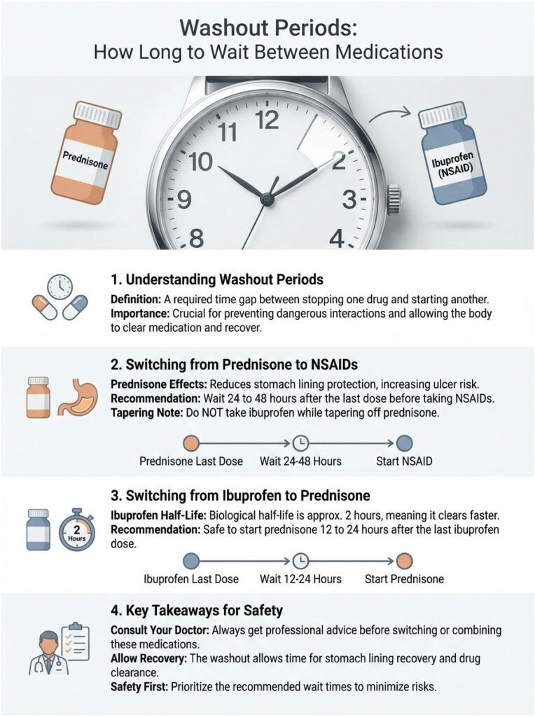 Infographic explaining washout periods between prednisone and ibuprofen with charts and recommendations.