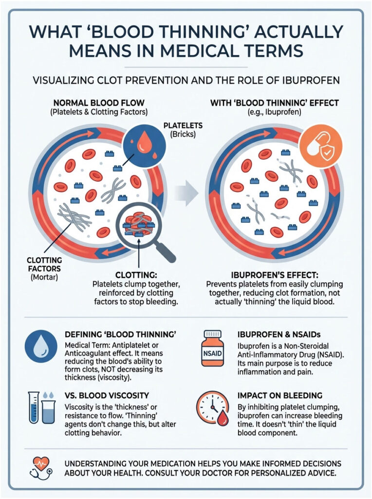 Infographic explaining blood thinning, ibuprofen's effects, and clotting factors with illustrations and text.
