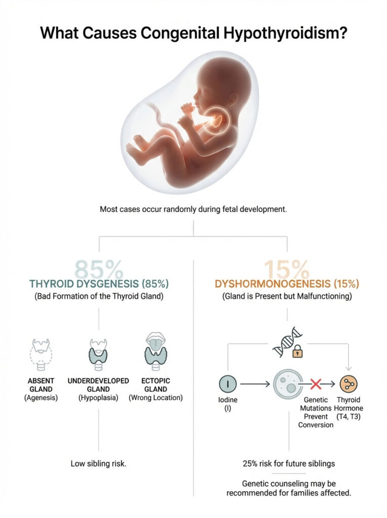 Infographic explaining causes of congenital hypothyroidism with charts and statistics on thyroid dysgenesis and dysormonogenesis.