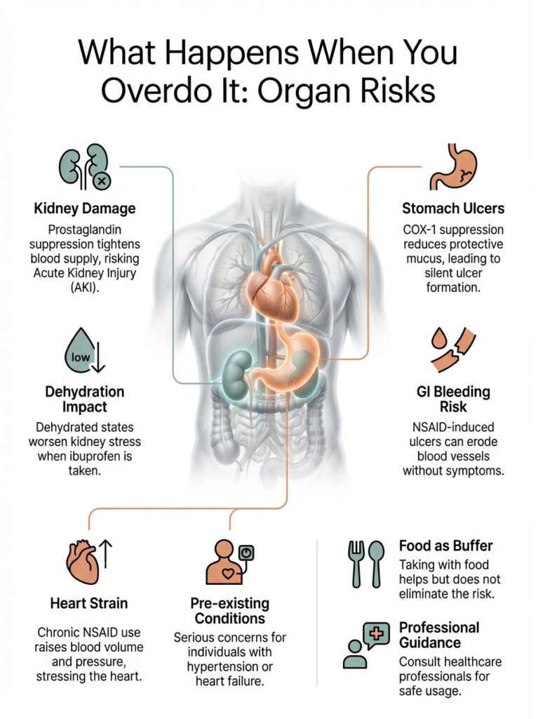 Infographic showing organ risks from NSAID overuse, including kidney damage, stomach ulcers, and dehydration impact.
