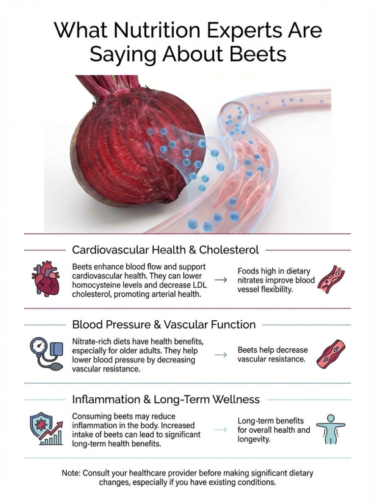 Infographic showing health benefits of beets, including cardiovascular health, blood pressure, and inflammation reduction.