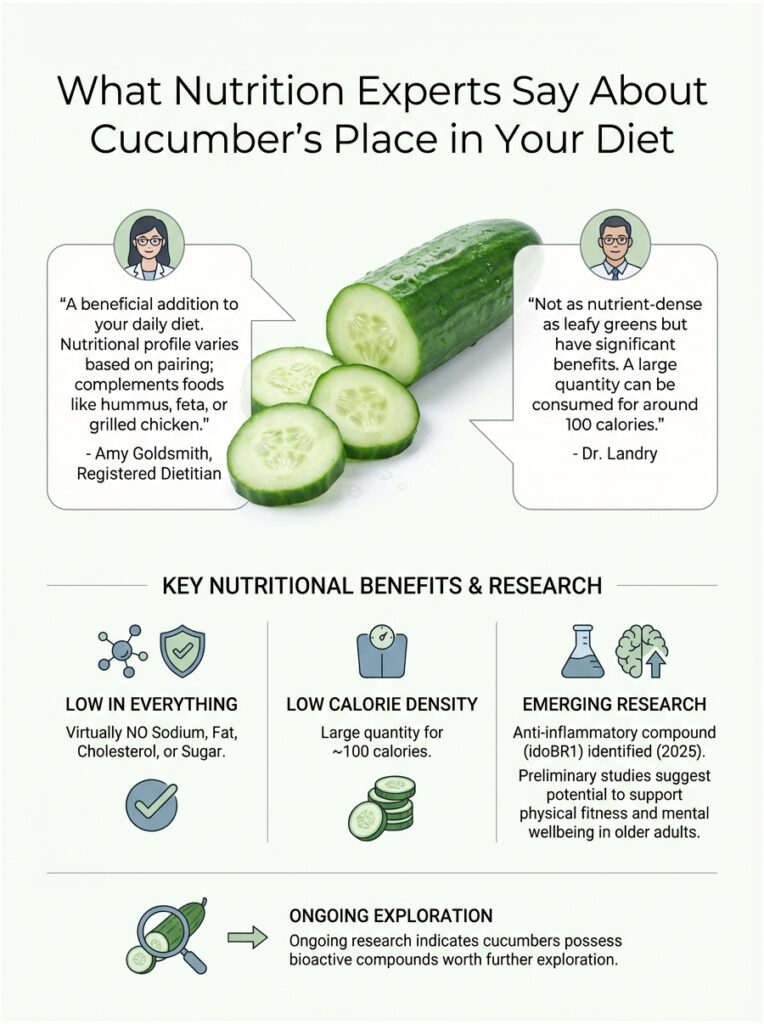 Infographic showing cucumber's nutritional benefits, featuring quotes from experts and key research points.