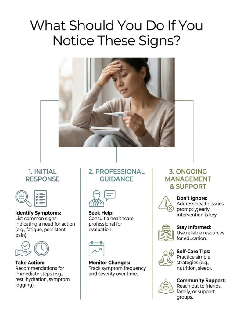 Infographic outlining steps to take upon noticing health signs, featuring icons and text in three sections.