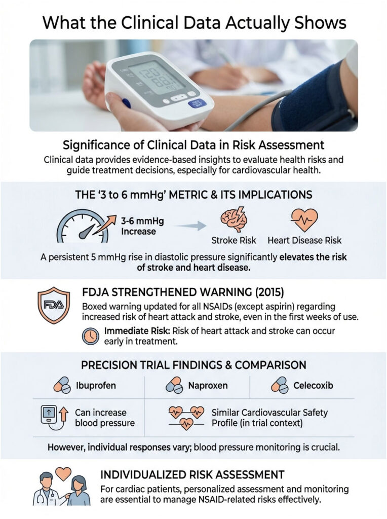 Infographic showing clinical data significance in risk assessment, highlighting blood pressure metrics and NSAID warnings.