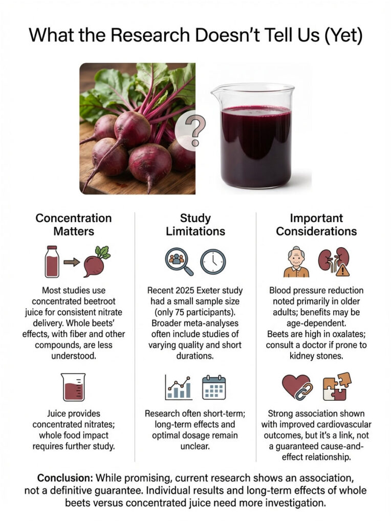 Infographic discussing beetroot juice research, featuring images of beets and juice, with sections on concentration, study limitations, and considerations.