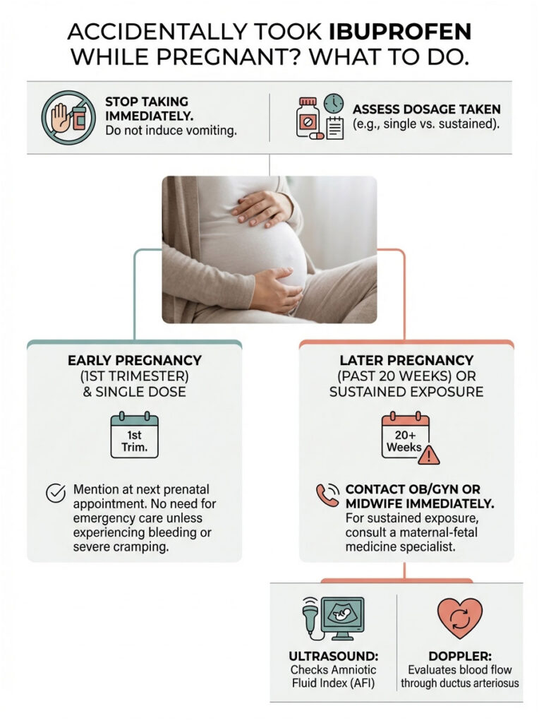 Infographic detailing steps to take if ibuprofen is taken during pregnancy, with advice for early and later pregnancy.