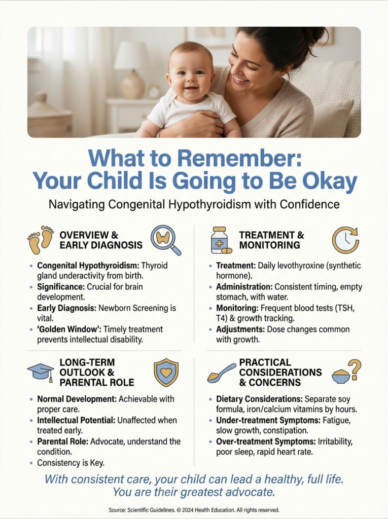 Infographic detailing congenital hypothyroidism, including diagnosis, treatment, and parental roles with icons and charts.