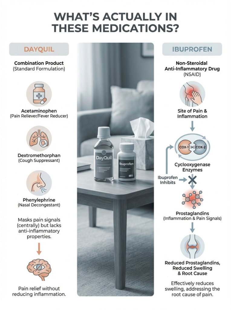 Infographic comparing DayQuil and Ibuprofen ingredients, effects, and mechanisms of action.