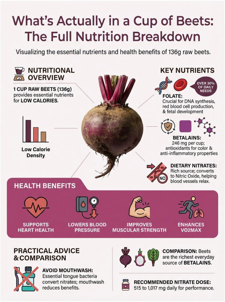 Infographic showing nutrition breakdown of 1 cup of raw beets, highlighting key nutrients and health benefits.