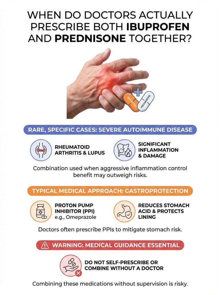 Infographic showing when doctors prescribe ibuprofen and prednisone together, highlighting risks and guidelines.
