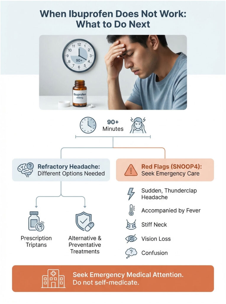 Infographic showing headache management options when ibuprofen fails, including red flags for emergency care.