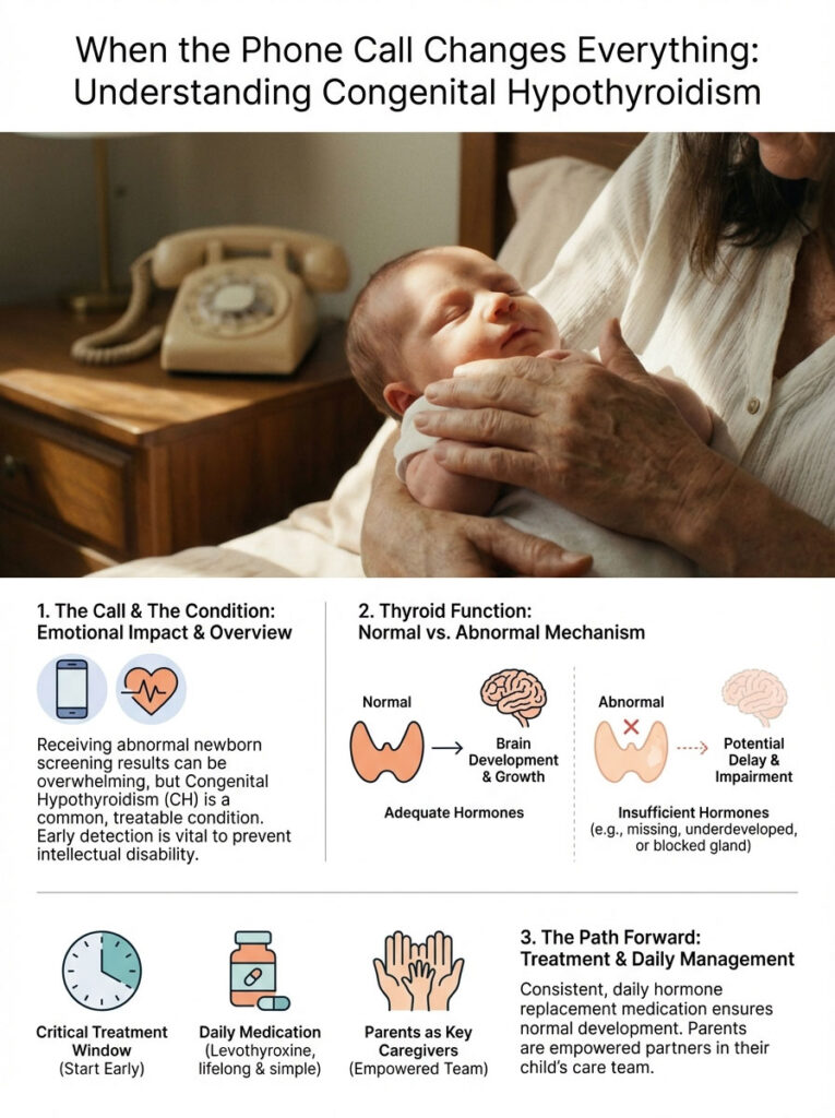 Infographic explaining congenital hypothyroidism with emotional impact, thyroid function, and treatment management details.