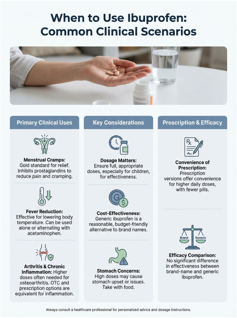 Infographic detailing ibuprofen use, showing clinical uses, considerations, and efficacy comparisons with icons and text.
