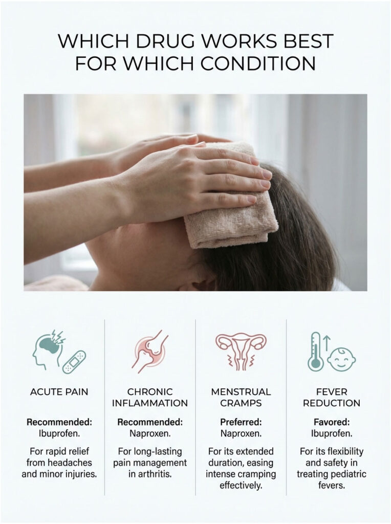 Infographic comparing drug recommendations for pain, inflammation, cramps, and fever with icons and text descriptions.