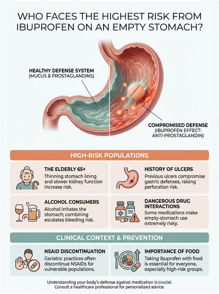 Infographic showing stomach defense systems, high-risk populations for ibuprofen use, and prevention tips.