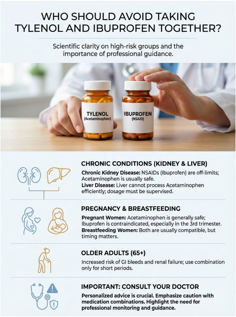 Infographic showing risks of taking Tylenol and Ibuprofen together, with text on health conditions and advice.