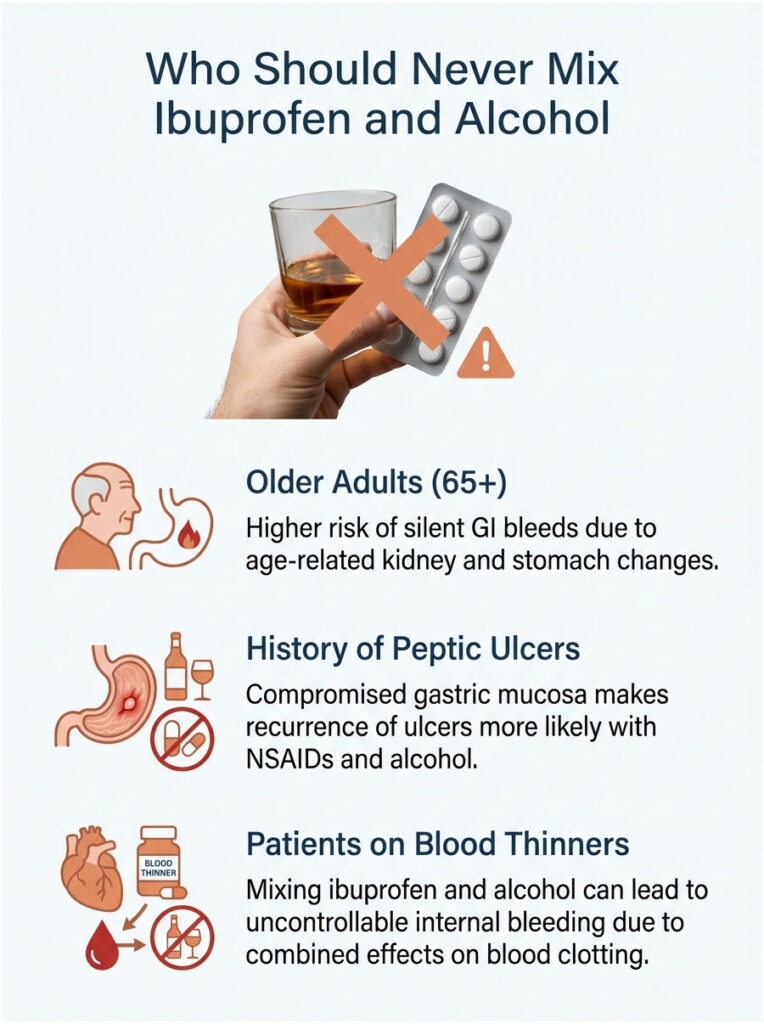 Infographic showing risks of mixing ibuprofen and alcohol, highlighting older adults, ulcers, and blood thinners.