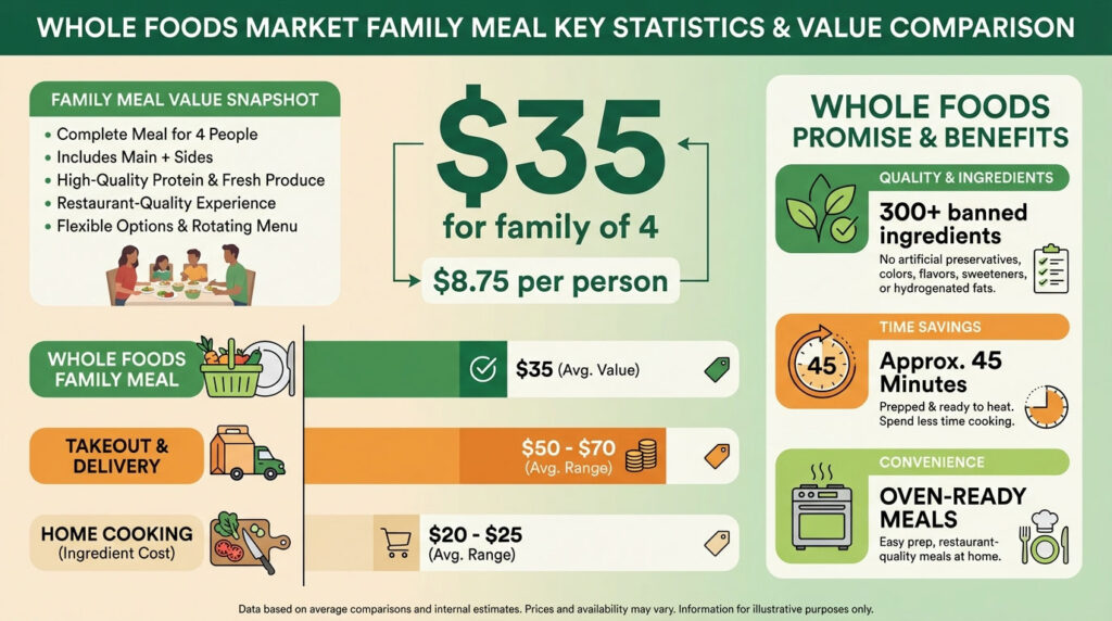 Family of four enjoying a meal together at a table with fresh food and a warm atmosphere.