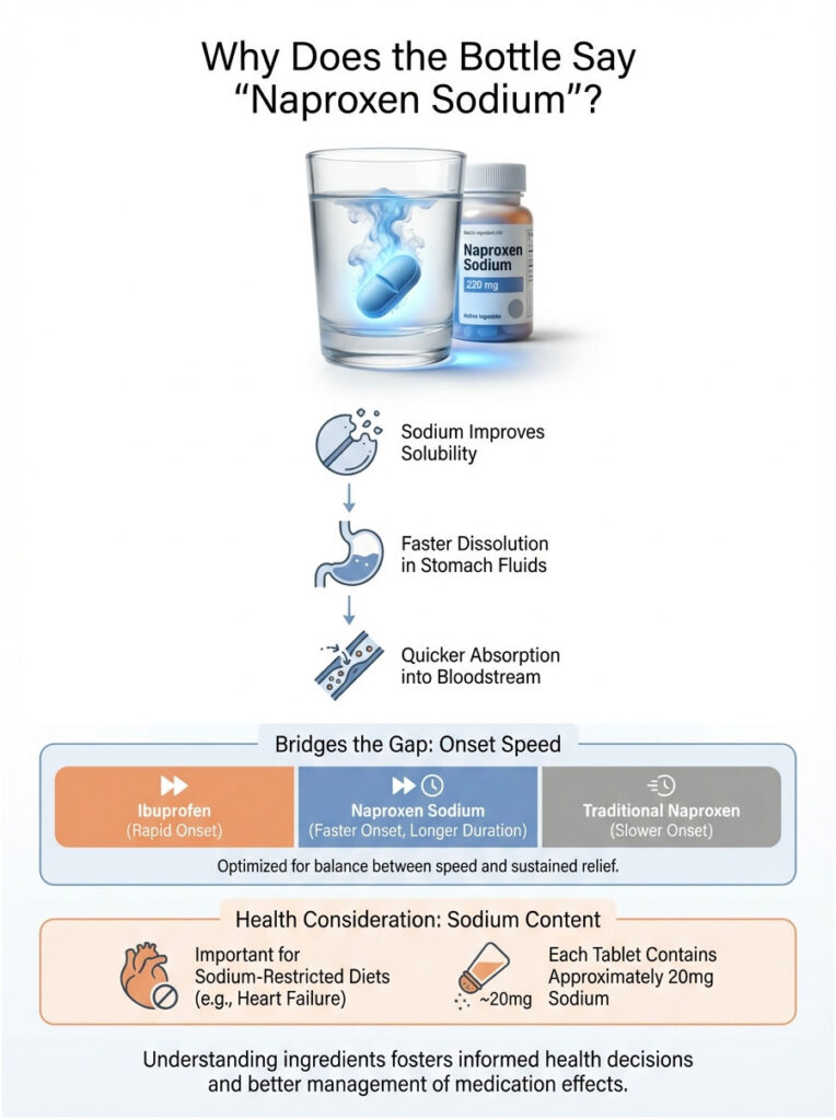 Infographic explaining Naproxen Sodium benefits, showing a capsule, glass of water, and key points about solubility and absorption.