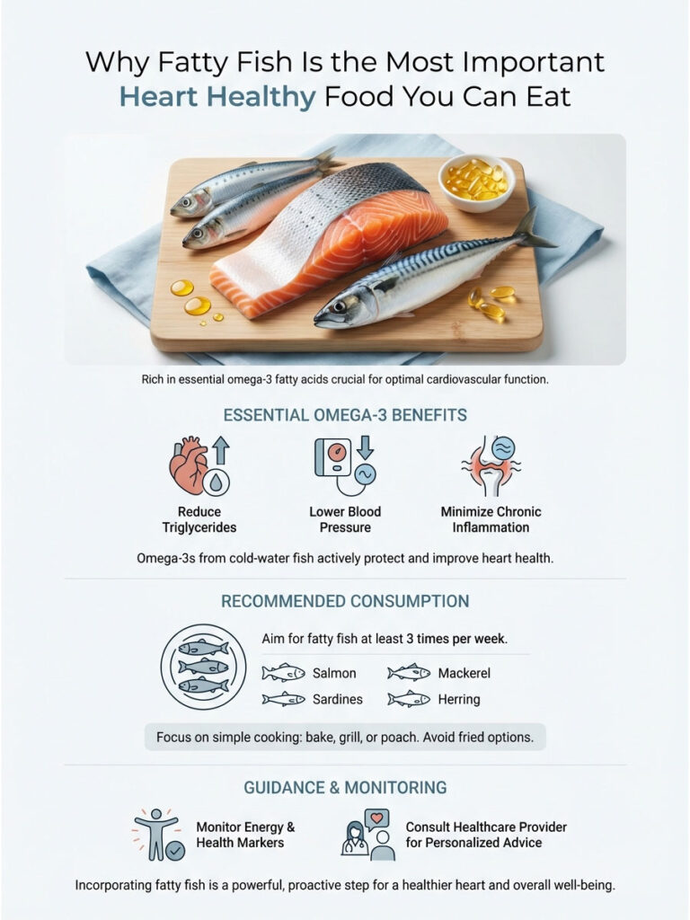 Infographic showing benefits of fatty fish for heart health, including omega-3 benefits and recommended consumption.