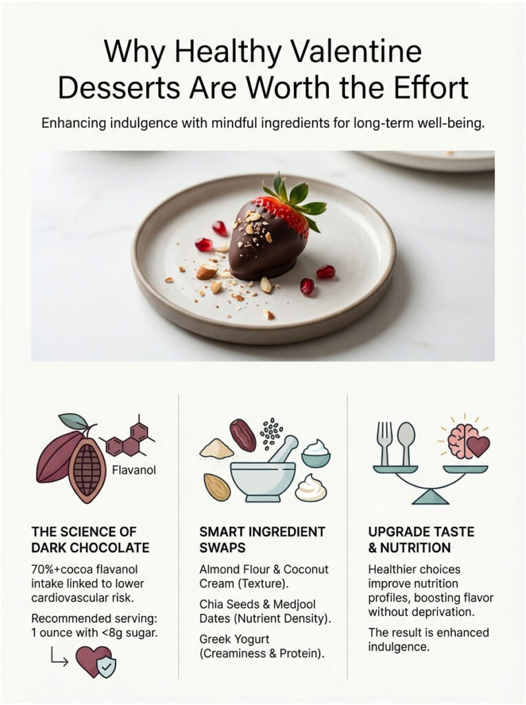 Infographic showing healthy Valentine desserts, featuring dark chocolate, ingredient swaps, and nutrition tips.